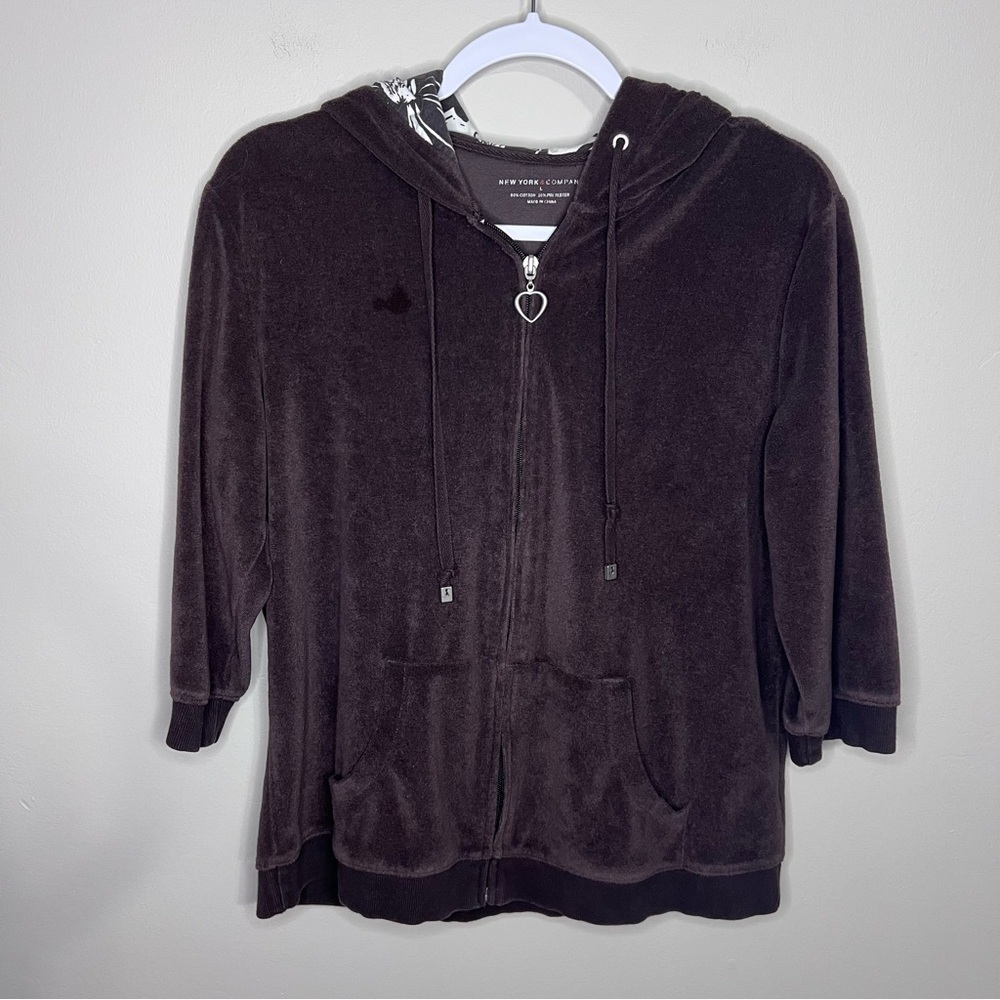 New York & Company Brown Velour Y2K 3/4 Sleeve Zip-up Hoodie size large